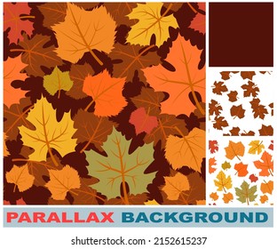 Orange Foliage. Seamless pattern with maple leaves. Set parallax effect. Autumn brown background. Vegetable illustration. Vector