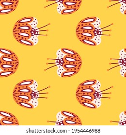 Orange folk flowers bud seamless pattern in doodle hand drawn style. Pastel yellow background. Nature print. Designed for fabric design, textile print, wrapping, cover. Vector illustration.