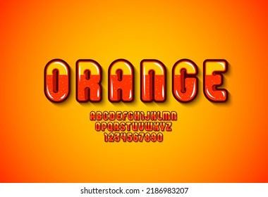 Orange font, alphabet in the cartoon style, bright rounded letters from A to Z and numbers from 0 to 9, vector illustration 10EPS