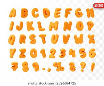 Orange Font realistic 3d design. Complete alphabet and numbers from 0 to 9. Collection of large letters in cartoon style. Fonts are voluminous with different slants. Vector illustration