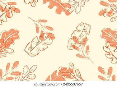 Orange forest leaves pattern background. Isolated on yellow background. Design for wallpapers, digital paper. Vintage style. Autumn background