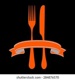 Orange fork and knife - illustration  on a black background