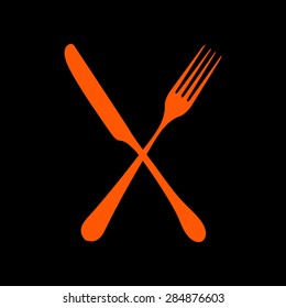 Orange fork and knife - illustration  on a black background