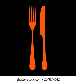 Orange fork and knife - illustration  on a black background