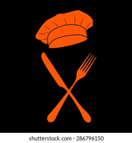 Orange fork and knife - illustration  on a black background