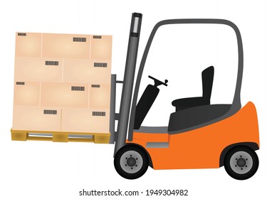 Elevador de horquilla naranja con pallet de cajas. ilustración vectorial 
