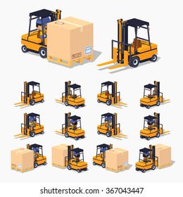 Orange forklift with cardboard box. 3D lowpoly isometric vector illustration. The set of objects isolated against the white background and shown from different sides