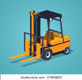 Orange forklift truck against the green background. 3D lowpoly isometric vector illustration