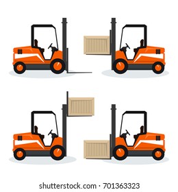 Orange Forklift Truck with Different Cargo Positions, Vehicle Forklift Picks up a Box, Cargo Below in the Middle and Above and Without , Vector Illustration