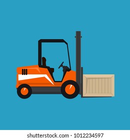 Orange Forklift Truck Isolated on a Blue Background, Vehicle Forklift with a Box, Vector Illustration