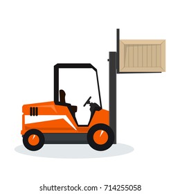 Orange Forklift Truck Isolated on White Background, Vehicle Forklift Lifted the Box Up, Vector Illustration 