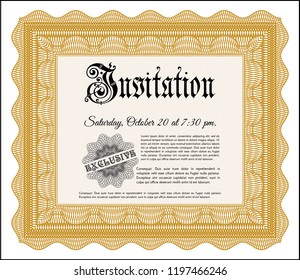Orange Formal invitation. Complex background. Detailed. Money design. 