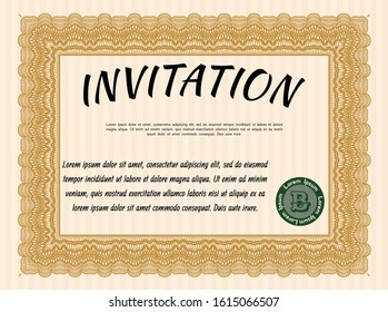 Orange Formal invitation. Complex background. Artistry design. Detailed. 