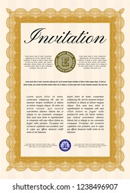 Orange Formal invitation. With complex linear background. Detailed. Money Pattern. 