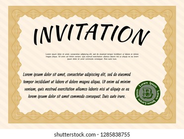 Orange Formal invitation. With complex linear background. Money style design. Detailed. 