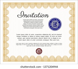 Orange Formal invitation. Cordial design. With guilloche pattern and background. Vector illustration. 