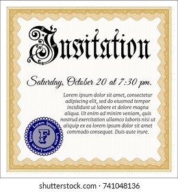Orange Formal invitation. Elegant design. Vector illustration. With complex linear background. 