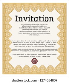 Orange Formal invitation. Good design. Detailed. With great quality guilloche pattern. 