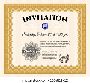 Orange Formal invitation. With great quality guilloche pattern. Artistry design. Vector illustration. 