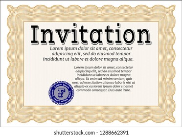 Orange Formal invitation. With guilloche pattern and background. Customizable, Easy to edit and change colors. Beauty design. 