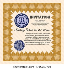 Orange Formal invitation. With guilloche pattern and background. Vector illustration. Artistry design. 