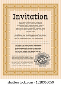 Orange Formal invitation. With guilloche pattern. Money Pattern design. Detailed. 