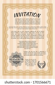 Orange Formal invitation. Money Pattern design. Vector illustration. With guilloche pattern. 
