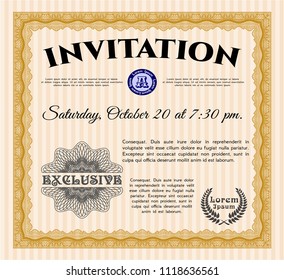 Orange Formal invitation. Money style design. With linear background. Detailed. 