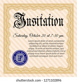 Orange Formal invitation. Money style design. With guilloche pattern. Vector illustration. 