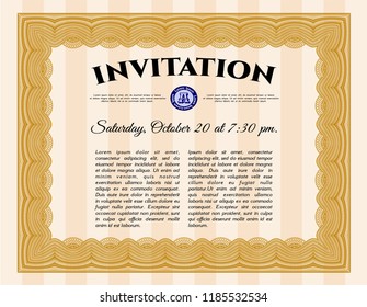 Orange Formal invitation. Nice design. With guilloche pattern and background. Detailed. 
