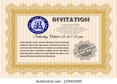 Orange Formal invitation template. Artistry design. Detailed. With great quality guilloche pattern. 