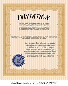 Orange Formal invitation template. Artistry design. Detailed. With guilloche pattern and background. 