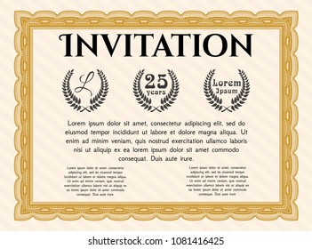Orange Formal invitation template. With complex linear background. Superior design. Vector illustration. 