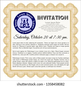 Orange Formal invitation template. With complex linear background. Money design. Detailed. 