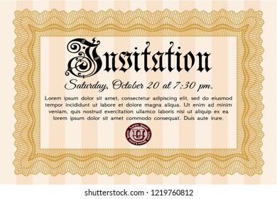 Orange Formal invitation template. Cordial design. With guilloche pattern. Customizable, Easy to edit and change colors. 