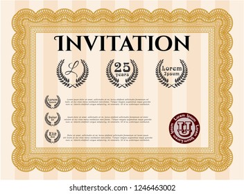 Orange Formal invitation template. Cordial design. With great quality guilloche pattern. Detailed. 