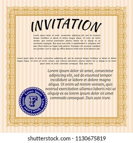 Orange Formal invitation template. Detailed. With great quality guilloche pattern. Artistry design. 