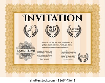 Orange Formal invitation template. Detailed. With guilloche pattern. Money Pattern design. 