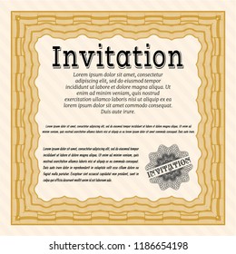 Orange Formal invitation template. Detailed. With complex linear background. Lovely design. 