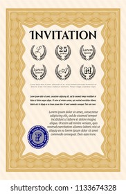 Orange Formal invitation template. Excellent design. Detailed. With guilloche pattern. 