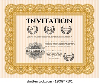 Orange Formal invitation template. With great quality guilloche pattern. Cordial design. Detailed. 