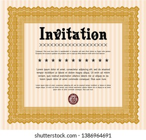 Orange Formal invitation template. With great quality guilloche pattern. Artistry design. Customizable, Easy to edit and change colors. 