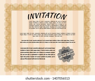 Orange Formal invitation template. With great quality guilloche pattern. Vector illustration. Excellent design. 