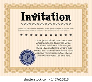 Orange Formal invitation template. With great quality guilloche pattern. Detailed. Nice design. 