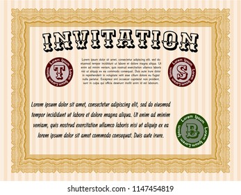 Orange Formal invitation template. With guilloche pattern and background. Retro design. Vector illustration. 