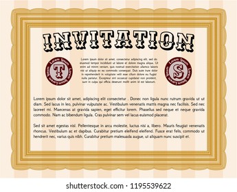 Orange Formal invitation template. With guilloche pattern and background. Vector illustration. Nice design. 