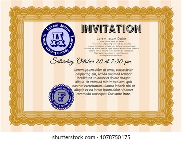  Orange Formal invitation template. With linear background. Detailed. Nice design. 