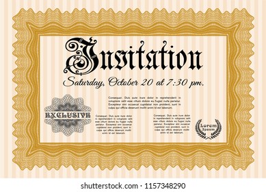 Orange Formal invitation template. With linear background. Money Pattern. Detailed. 