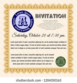 Orange Formal invitation template. With linear background. Retro design. Detailed. 