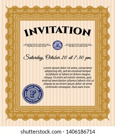 Orange Formal invitation template. With linear background. Money Pattern design. Detailed. 